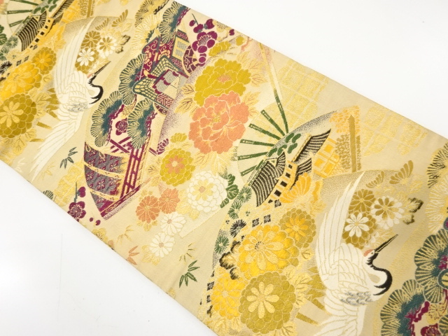 JAPANESE KIMONO / ANTIQUE MARU OBI / WOVEN CARRIAGE & FLOWER